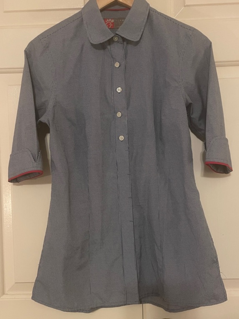Chick-fil-a Oobe work Shirt Womens small Blue gingham 3/4 Sleeve Button employee